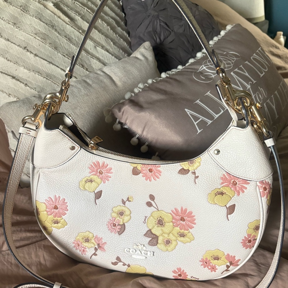 Coach White Floral Hobo Bag with Pink & Yellow Flowers